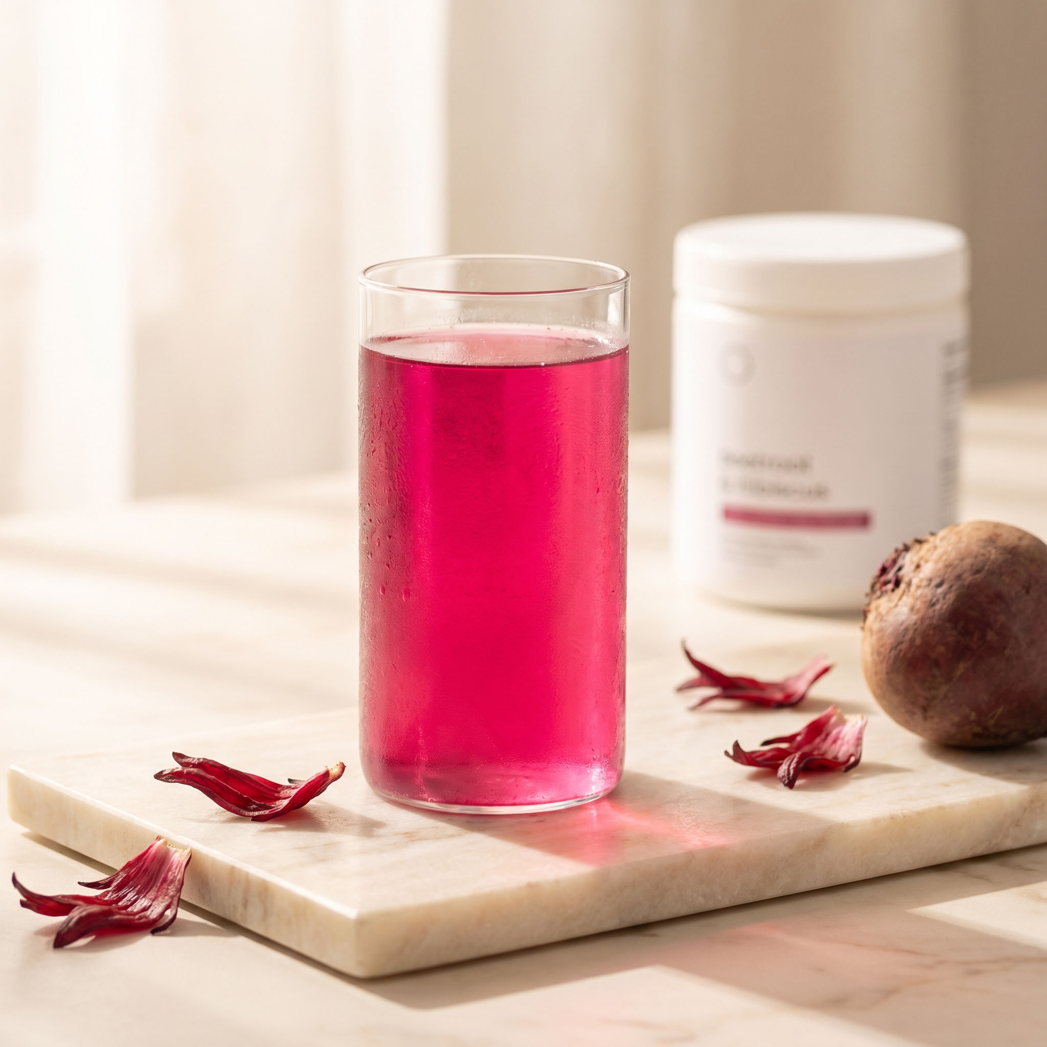 Glass of Vermel beetroot hibiscus drink with fresh petals and beet