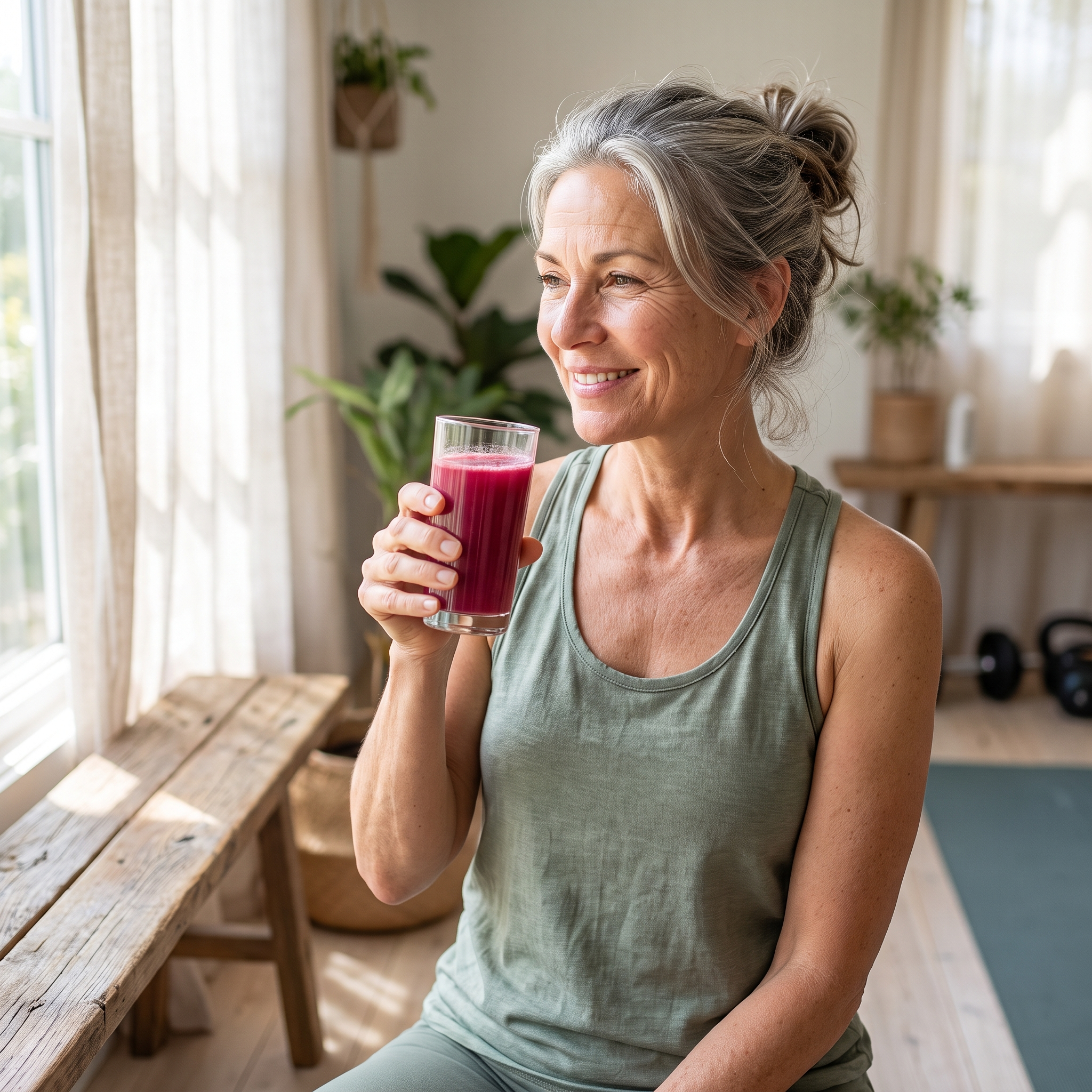 Woman drinking Vermel after a workout in a bright home gym