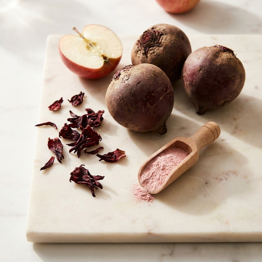 Fresh beets, hibiscus petals and apple on cream marble