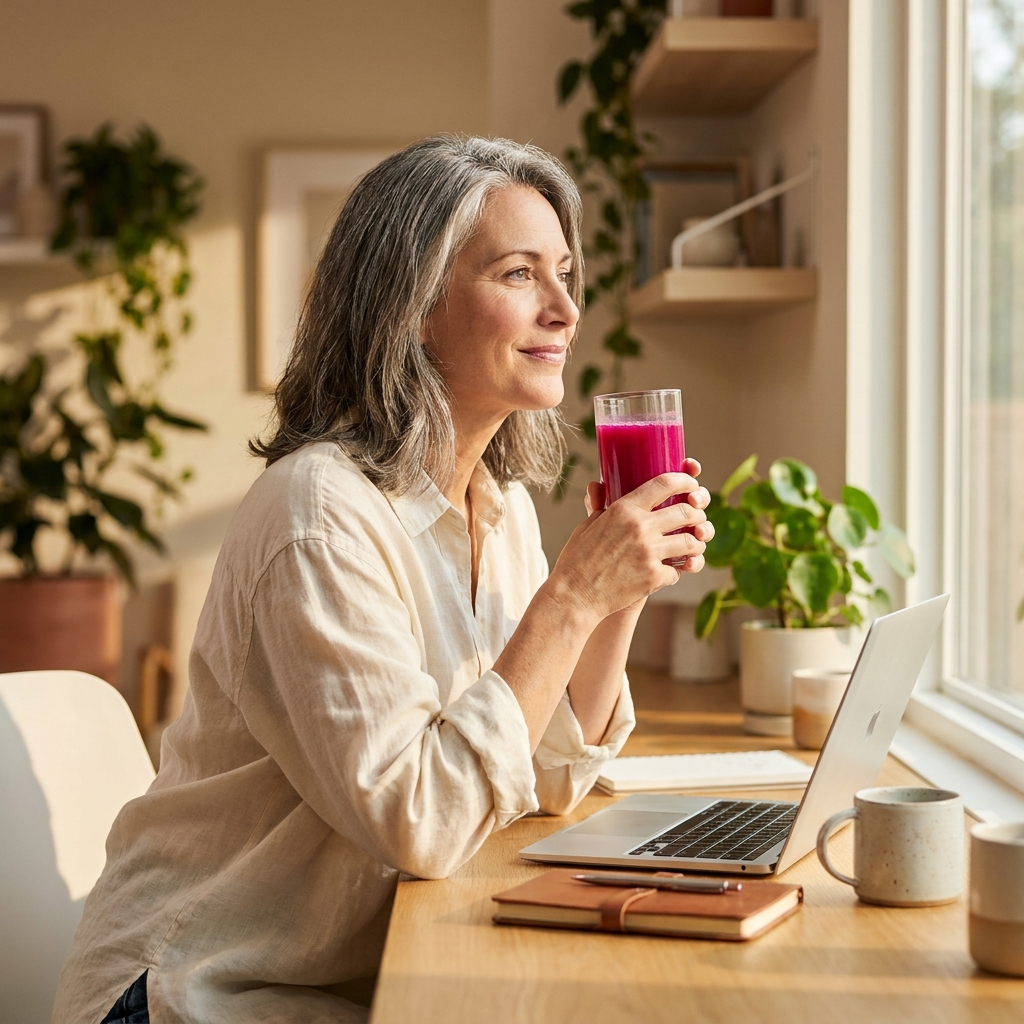 Woman at her desk in the afternoon with a glass of Vermel