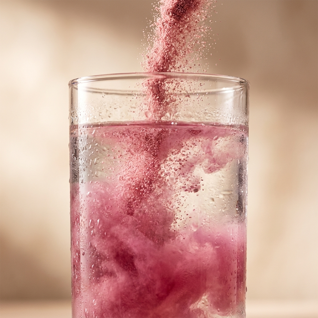 Vermel powder dissolving into cold water in magenta swirls